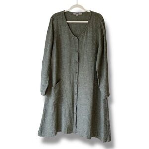 Flax Lagenlook Linen Shirt Button Down Dress in Green Flax Size S/ US 6-10
